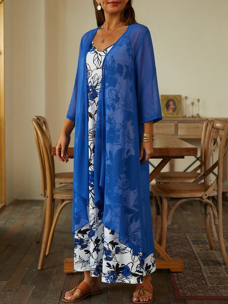 

Vacation Loose Floral V Neck Two-Piece Set, Green, Suit Set