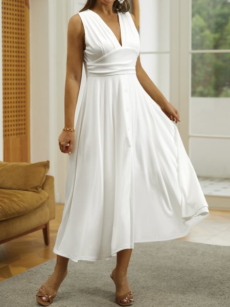 

V Neck Loose Plain Elegant Dress, White, Dresses