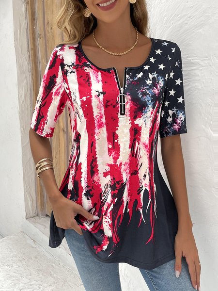 

Loose America Flag Casual Jersey Shirt, Multicolor, Blouses