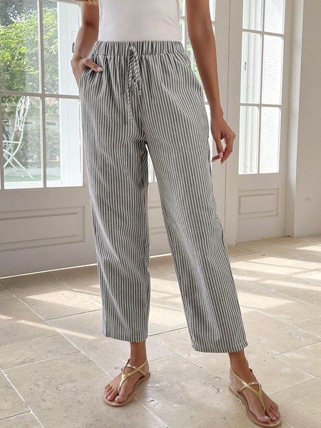 

Striped Casual Loose Cotton Pants, Gray, Pants