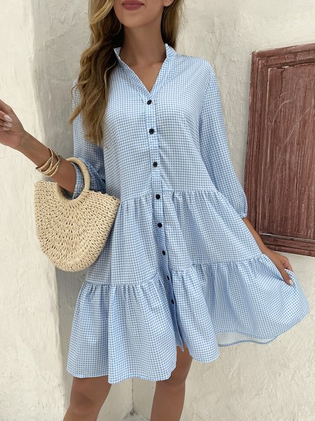 

Plaid Buckle Stand Collar Casual Tunic Dress, Blue, Short