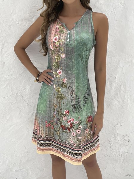 

Women Casual Mini Dress Green Strap Print V Neck Sleeveless Loose Short Dress, Multicolor, Short