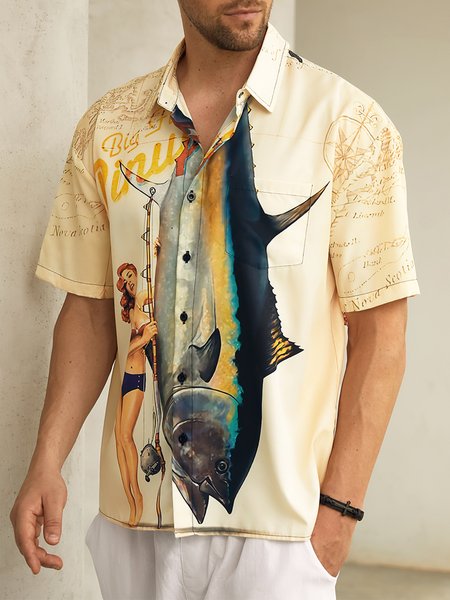 

Beauty Fishing Chest Pocket Short Sleeve Hawaiian Shirt, Brown, Men Shirts