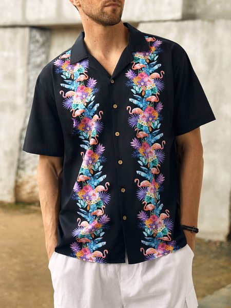 

Hardaddy® Cotton Tropical Flamingo Bowling Shirt, Black, Men Shirts