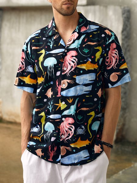 

Hardaddy® Cotton Marine Life Aloha Shirt, Black, Men Shirts