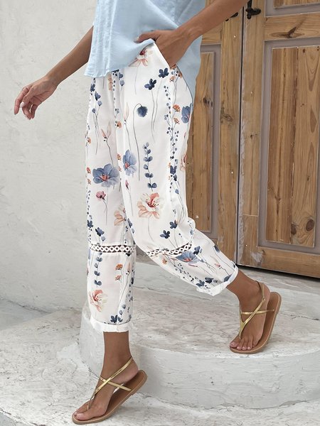 

Floral Printed Casual Lace Pants, White, Pants