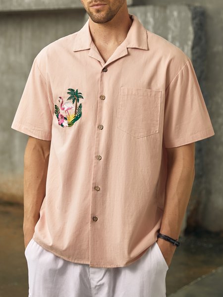 

Hardaddy® Cotton Flamingo Embroidered Aloha Shirt, Pink, Men Shirts