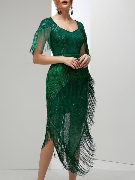 

Elegant Tassel Party Dress, Green, Midi Dresses