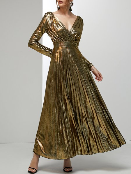

Regular Fit Party Plain V Neck Party Dress, Golden, Maxi Dresses