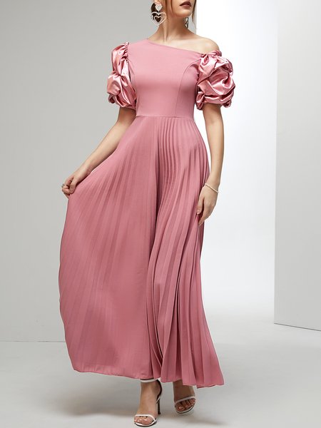 

One Shoulder Elegant Plain Regular Fit Wedding Guest Dress, Pink, Maxi Dresses