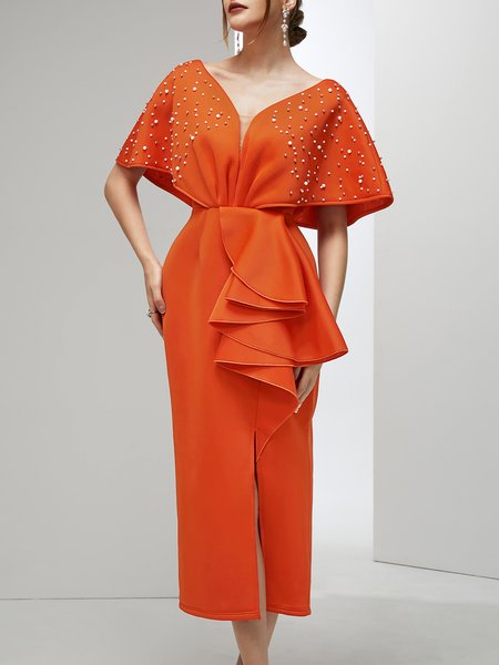 

Elegant V Neck Imitation Pearls Regular Fit Wedding Guest Dress, Orange, Maxi Dresses