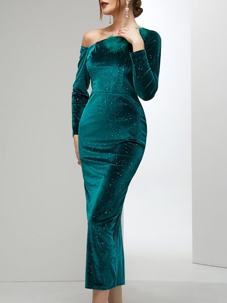 

Plain Elegant Asymmetrical Party Dress, Darkgreen, Maxi Dresses