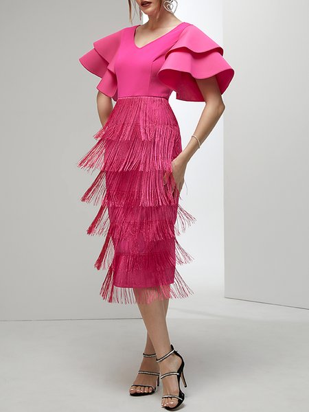

V Neck Party Party Dress, Deep pink, Midi Dresses
