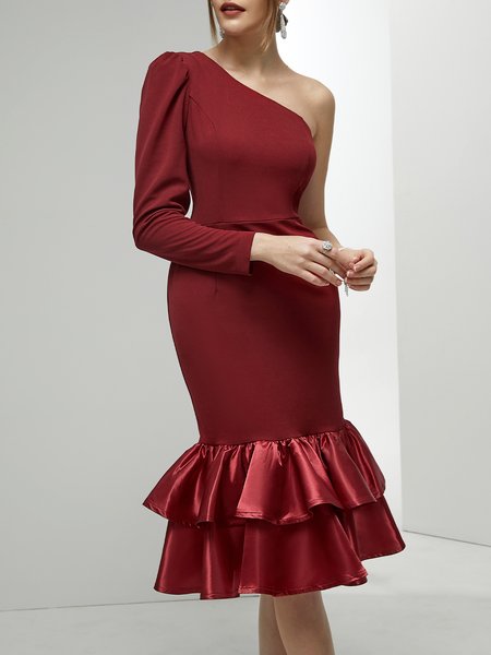 

Elegant One Shoulder Satin Wedding Guest Dress, Wine red, Midi Dresses