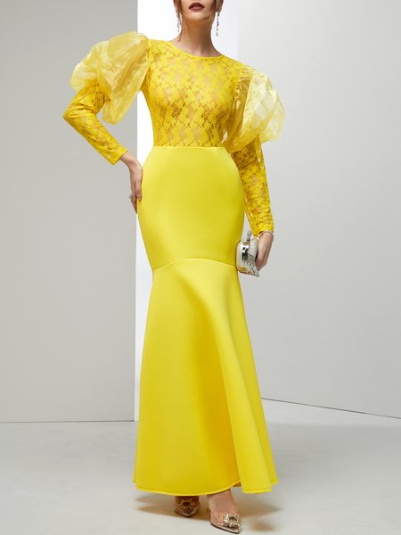 

Plain Mesh Crew Neck Party Party Dress, Yellow, Maxi Dresses