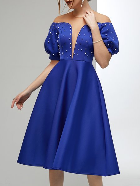 

Imitation Pearls Crew Neck Elegant Wedding Guest Dress, Blue, Midi Dresses