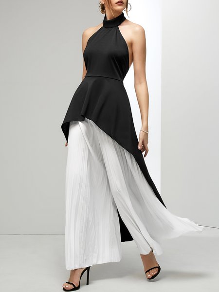 

Elegant Color Block Dress Set, Black-white, Others