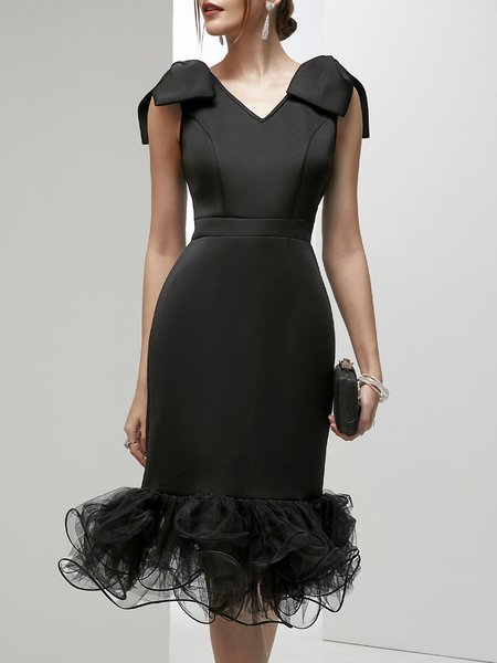 

Elegant V Neck Wedding Guest Dress, Black, Midi Dresses