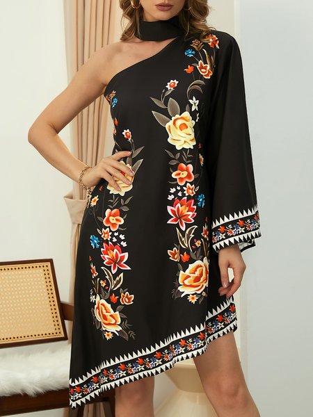 

Vacation Loose Floral Cold Shoulder Dress, Black, Dresses