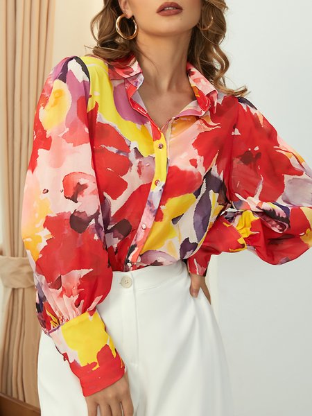 

Long sleeve Regular Fit Shirt Collar Elegant Blouse, Red, Blouses and Shirts