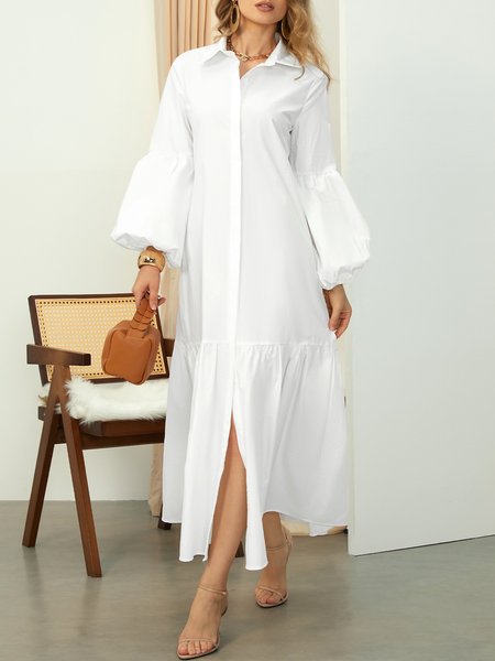

Casual Regular Fit Shirt Collar Plain Dress, White, Dresses