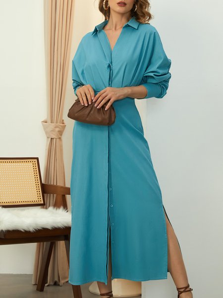 

Regular Fit Shirt Collar Urban Plain Dress, Blue, Dresses
