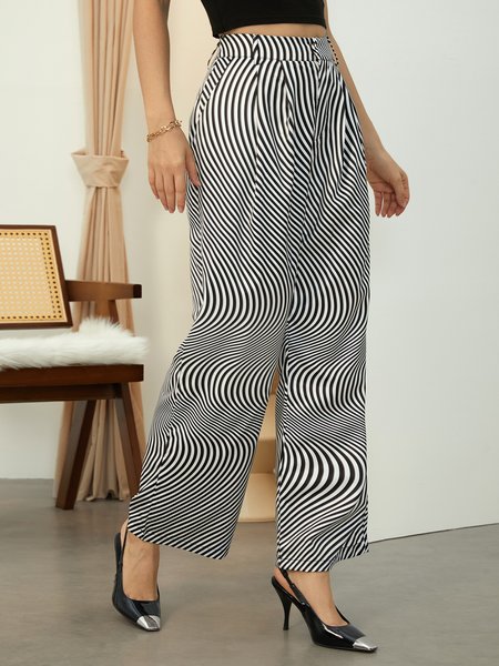 

Regular Size Casual Loose Striped Pants, Black-white, Pants