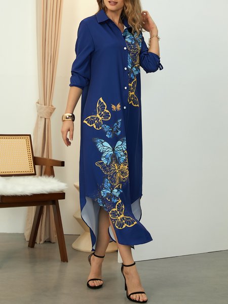 

Loose Shirt Collar Floral Vacation Dress, Blue, Dresses