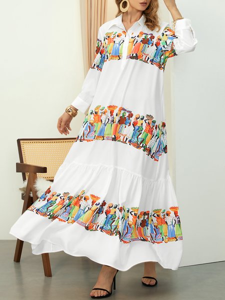

Shirt Collar Figure Casual Loose Dress, As picture, Maxi Dresses