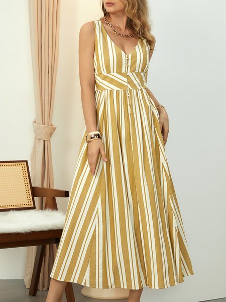 

Striped Vacation V Neck Sleeveless Dress, Apricot, Dresses