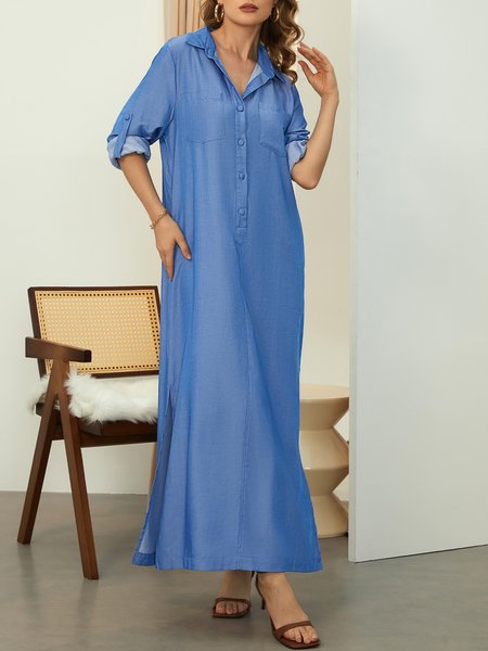 

Faux Denim Shirt Collar Casual Loose Denim Dress With No Belt, Blue, Dresses