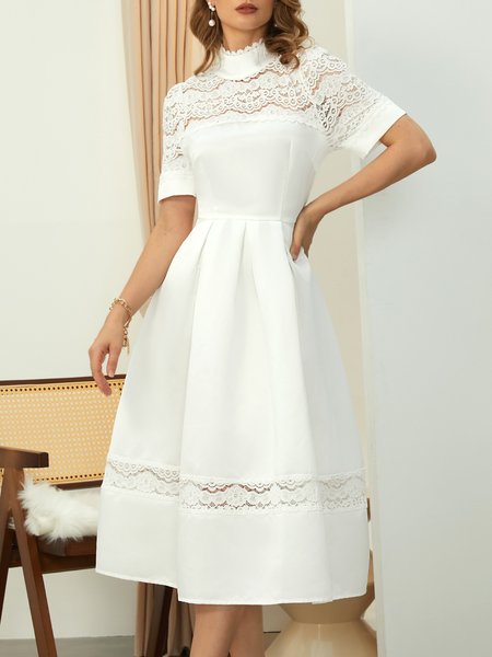 

Plain Elegant Stand Collar Regular Fit Midi Dress, White, Dresses