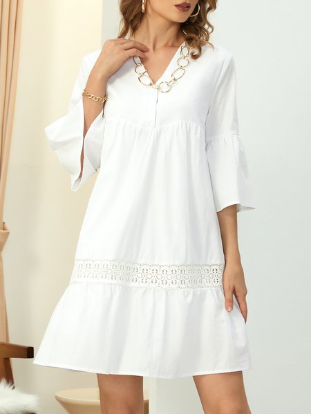 

Loose V Neck Plain Vacation Dress, White, Dresses
