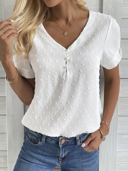 

Casual Buckle Plain V Neck Shirt, White, Blouses