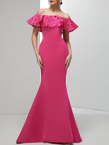 

Regular Fit Elegant Boat Neck Plain Party Dress, Deep pink, Maxi Dresses