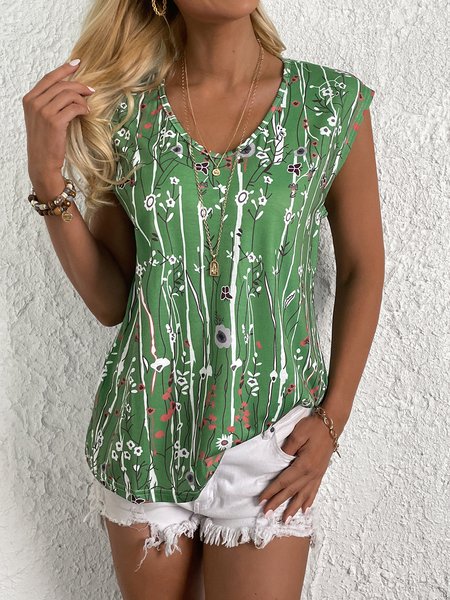 

V Neck Floral Casual Printing Tank Top, Green, T-shirts