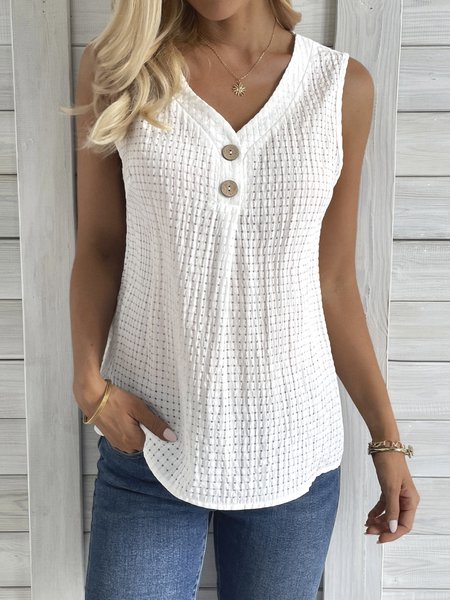 

Plain V Neck Casual Loose Tank Top, White, Tanks & Camis