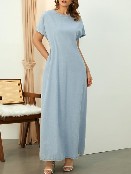 

Crew Neck Denim Casual Plain Loose Pockets Dress, Light blue, Dresses
