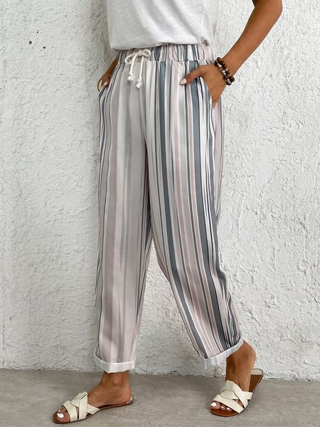 

Striped Casual Pockets Loose Elastic Waist Pants, Khaki, Pants