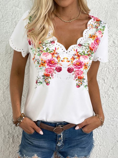 

Casual Floral Jersey Lace Collar Shirt, White, Blouses