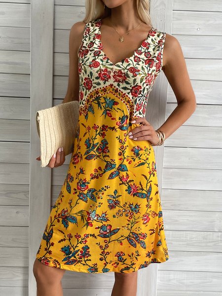 

Floral Sleeveless V Neck Casual Tunic Dress, Yellow, Short