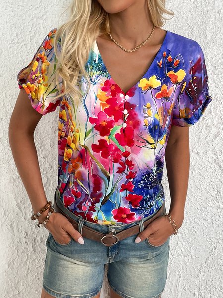 

Casual Buttoned Floral Loose Shirt, Blue, Blouses