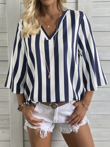 

Striped V Neck Printing Casual Shirt, Stripe-blue, Blouses