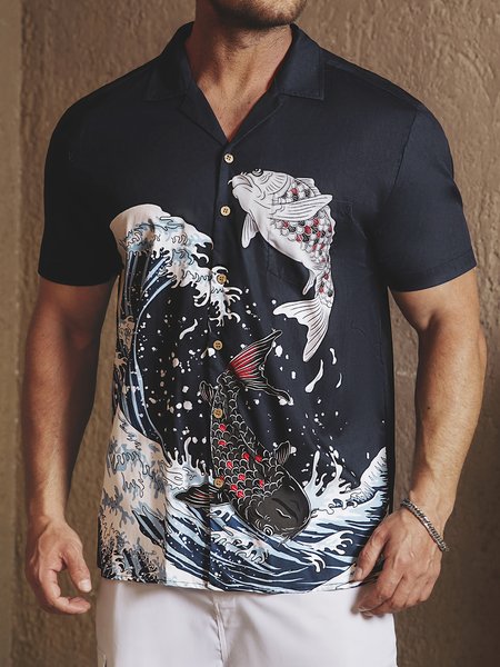 

Hardaddy® Cotton Ukiyo-e Wave Aloha Shirt, Black, Men Shirts