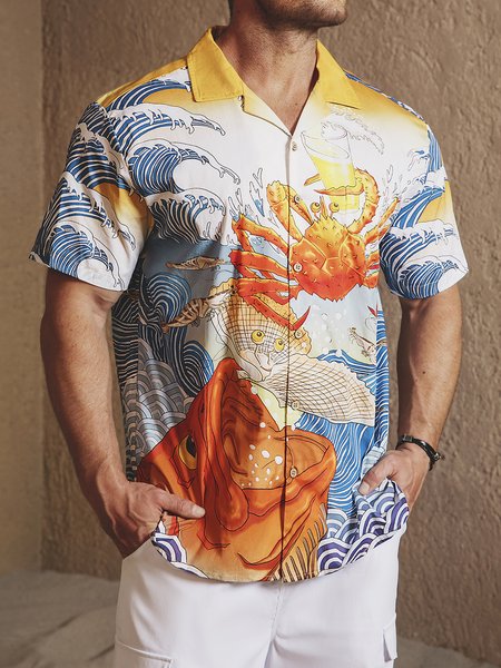 

Hardaddy® Cotton Ukiyo-e King Crab Aloha Shirt, Blue, Men Shirts
