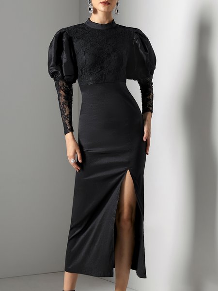 

Plain Stand Collar Party Party Dress, Black, Maxi Dresses