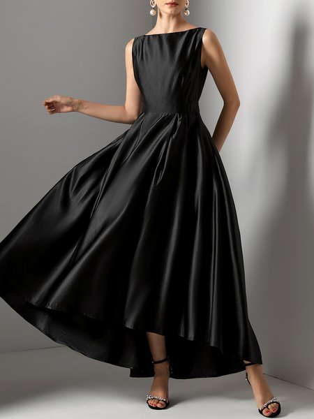 

Party Satin Regular Fit Vintage Crew Neck Dress, Black, Maxi Dresses