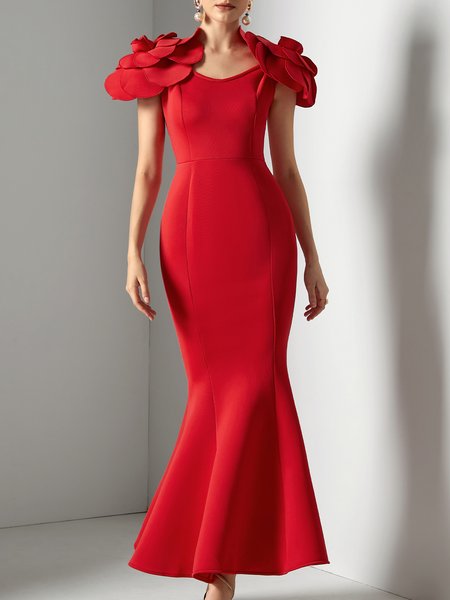 

Elegant V Neck Floral Party Dress, Red, Maxi Dresses