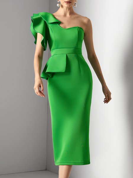

Plain Tight One Shoulder Party Party Dress, Green, Midi Dresses