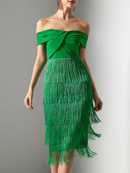 

Regular Fit Party Tassel Party Dress, Green, Midi Dresses